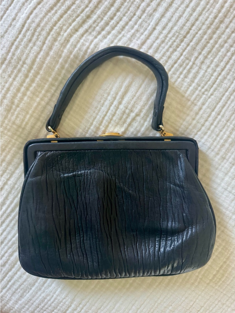 Vintage dark navy Leather Top Handle Bag Gold Clasp Structured Purse